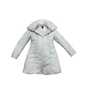 Armani Exchange Long Puffer Down Winter Coat Size S White Rabbit Fur Collar